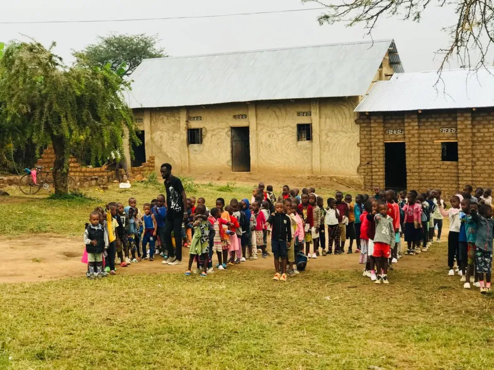 Students gathered outside a school building in Nakivale